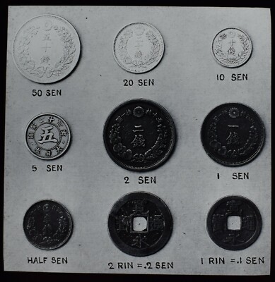 ANTIQUE Magic Lantern Slide JAPANESE SEN & RIN COINS NO2 C1910 PHOTO JAPAN