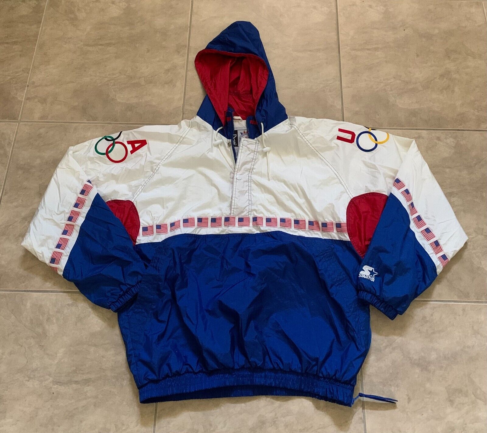 Vintage Starter USA Olympic Team Flags 1/2 Zip Hood Windbreaker Jacket Mens  XL