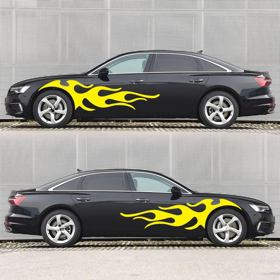 2X Calcomanías adhesivas de vinilo amarillas decoración hágalo usted mismo gráfico de carrocería de auto a rayas llama Foto 4 de 4