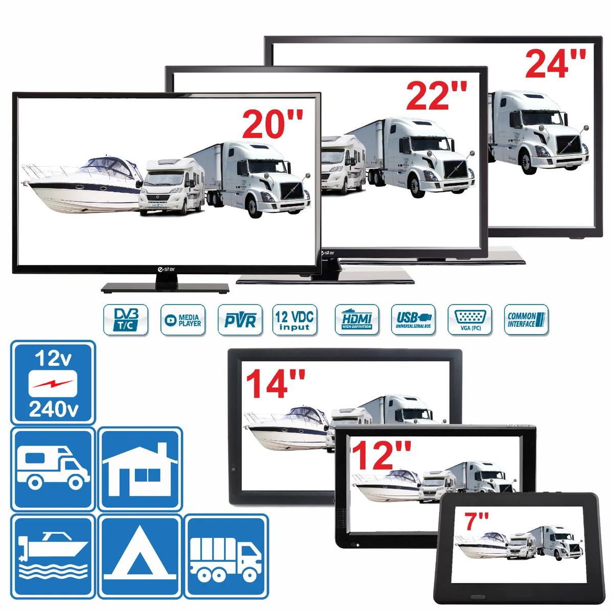 7 24 Digital TV 12v 240v for Motorhome Caravan Boat DVBT2, tv 12v