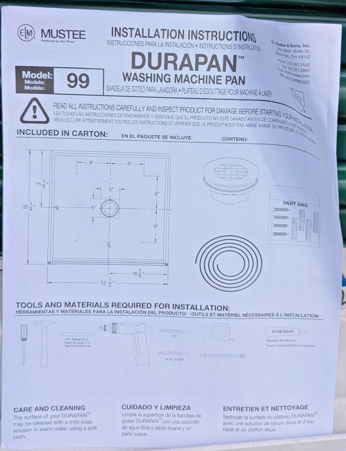 Mustee 99 DURAPAN 30 x 32 x 2 1/2 Fiberglass Washing Machine or Water Heater Pan