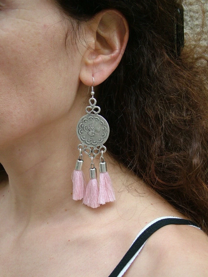 ORECCHINI PENDENTI ZAMAK ARGENTO TIBETANO NAPPINE ROSA BOHO VINTAGE DARK 1L - Immagine 3 di 3