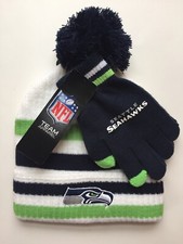 Seattle Seahawks Youth Kids Beanie Hat Pom Gloves Set NFL Green White OSFM NWT