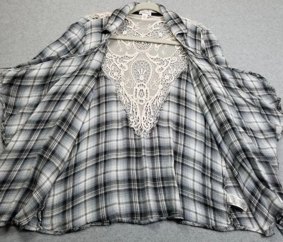 Xhilaration Top Women’s Medium M Plaid ¾ Sleeve Open Front Sheer Lace Back Drape - Image 3 of 4