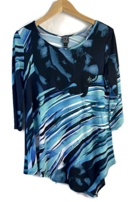 Clara Sunwoo Women's Kerchief Angle Hem Tunic Top Size Small Blue 3/4 Sleeve