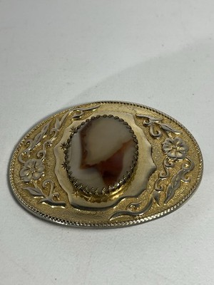 Gold Tone Western Belt Buckle w/Genuine Brazilian Agate Gemstone  Stone (D)