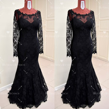 Gothic Black Wedding Dresses Mermaid Long Sleeves Vintage Lace Bridal Gowns