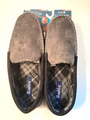 NEW WEMBLEY GREY MEMORY FOAM SLIPPERS, INDOOR OUTDOOR SOLE, L 9.5-10.5