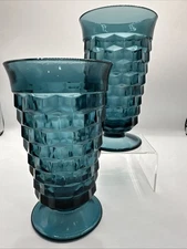 INDIANA GLASS Whitehall Colony CUBIST Riviera Blue PEDESTAL 12oz 6" Tumbler