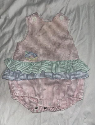 Mothercare Girls 3-6M Pink Striped Seersucker Ruffle Romper Sleeveless Button