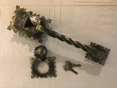 Vtg DEXTER Large Brass Entry Door Thumb Handle & Keyed Deadbolt Lock Gothic 13''