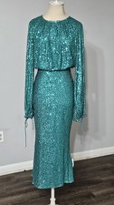 Asos Women's Blouson Sleeve Teal Green Sequin Midi Dress Size 2