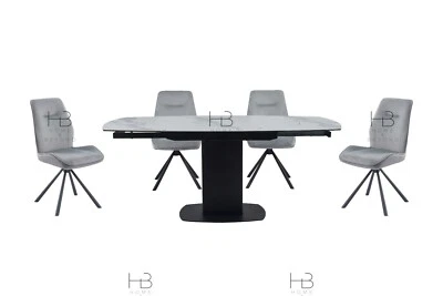 Olivia Swivel Motion Extending Dining Table -Ceramic Marble Top - Velvet Chairs