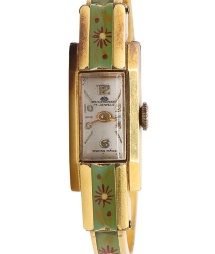 Bucherer Gold Plated Green Enamel Wind Up Women's Bangle Watch
