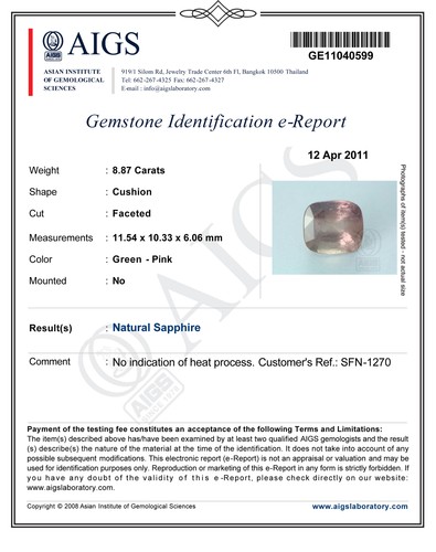 AIGS Certified MADAGASCAR Fancy Sapphire 8.87 Cts Natural Untreated Cushion - Picture 2 of 9