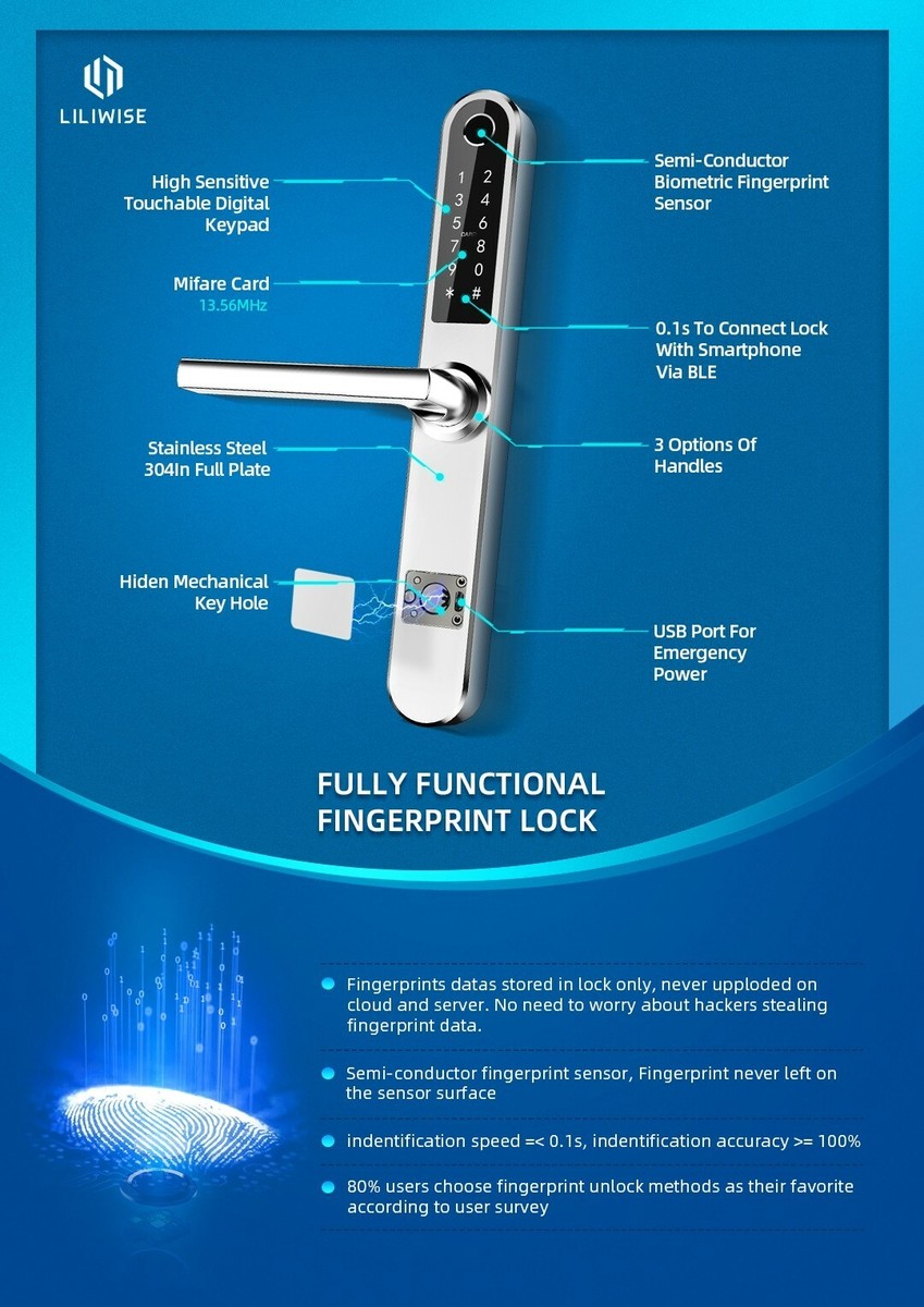 Poignée Serrure Connectée Biométrique Digi-Code H34B, Noir, Avec Clavier, RFID, WiFi Tuya, Pour Porte Intérieure/extérieure