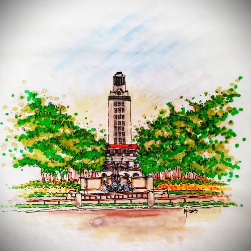 UNIVERSITY OF TEXAS Austin Tower Original Watercolor & Acrylic on Paper SIGNED