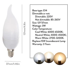 E12 E26 E27 B22 E14 B15 LED Bulb Chandelier Flame Candle Light Watt Equivalent