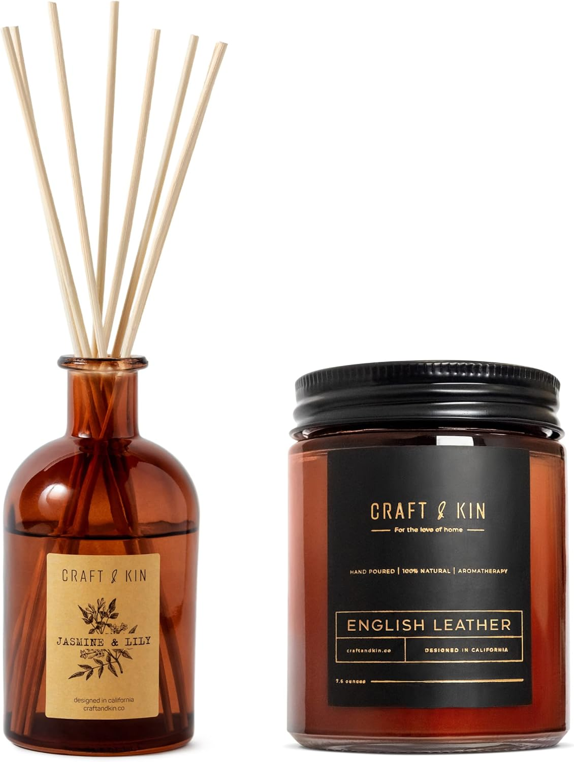 English Leather Candle & Jasmine Lily Reed Diffuser Set for Home Fragrance | Amb