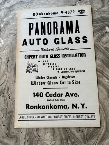 LETRERO PUBLICITARIO VINTAGE RONKONKOMA NY PANORAMA VIDRIO AUTOMÁTICO 11" X 17 - Imagen 1 de 3
