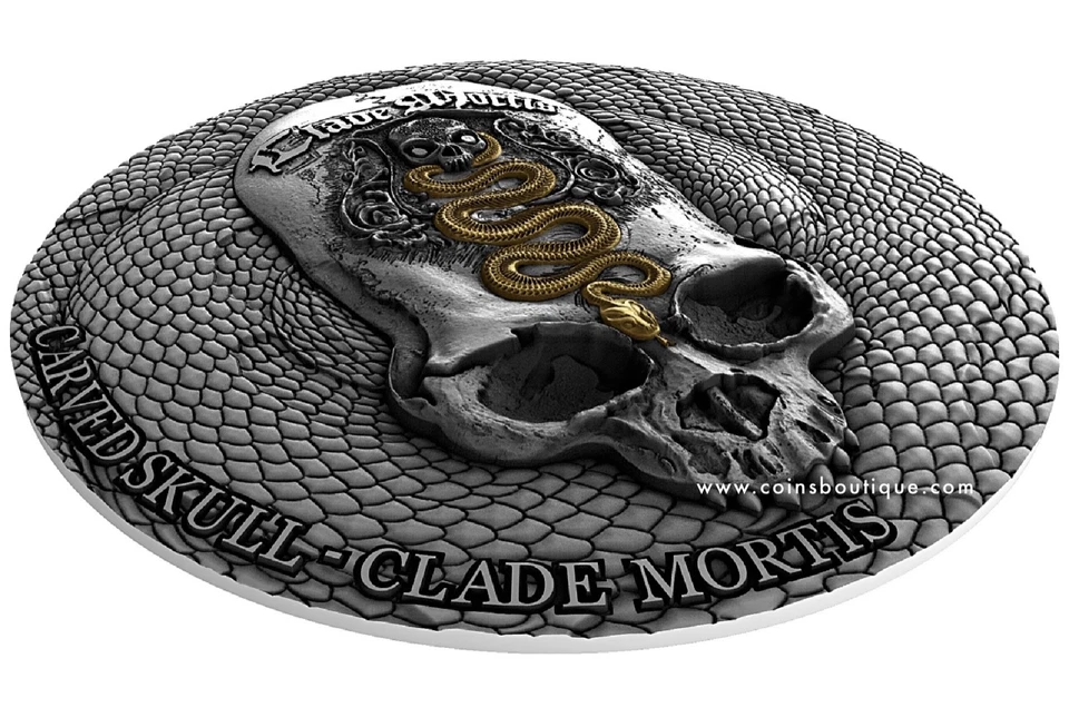 Clade mortis carved skull 1 oz ultra high relief silver coin Cameroon 2018 - Image 3 of 4