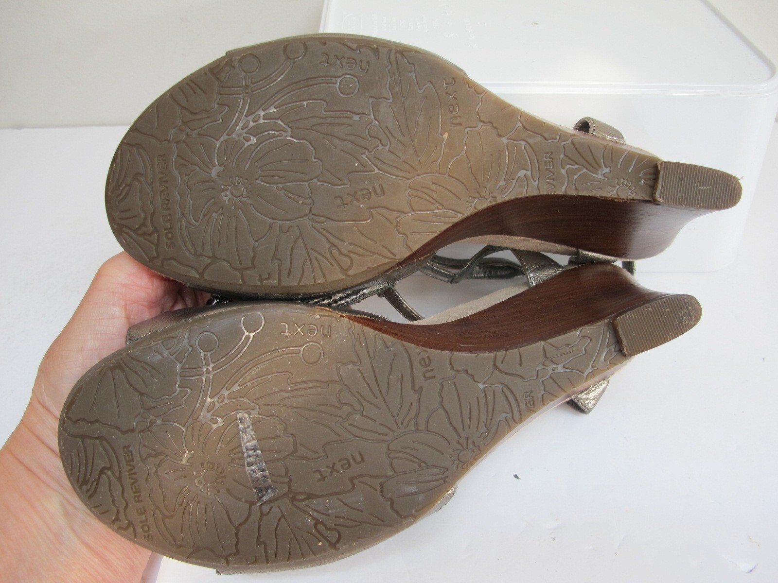 Size 5 NEXT Sole Reviver Pewter Wedge Heels T Bar Sling Backs VGC eBay