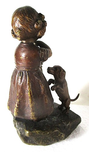SIGNED FRANZ BERGMANN? COLD PAINTED BRONZE GIRL W/DACHSUND GETS TREAT FROM BAG - Picture 3 of 8