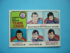1975/76 TOPPS NHL HOCKEY CARD #319 KANSAS CITY SCOUTS LEADERS NM WILF PAIEMENT