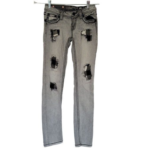 Miss Me Jeans Girls 12 Skinny Buffalo Plaid Patches Patchwork Grey Distressed