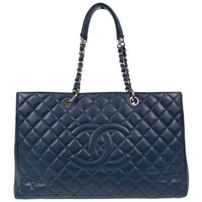 Chanel Blue Calfskin Grand Shopping Tote GST XL Chain Handbag