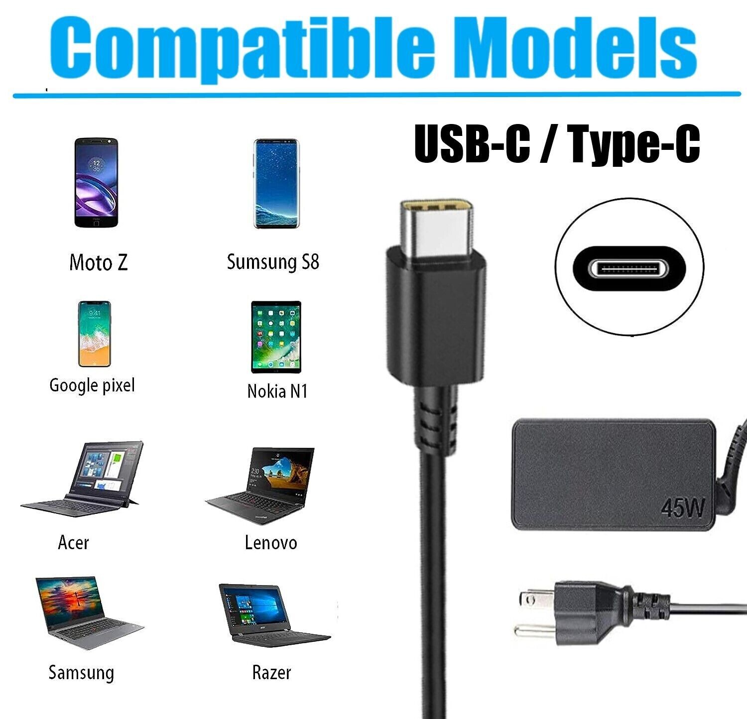 Lenovo 100E 2nd Gen 81QB000AUS Chromebook 45W Type-C AC Adapter Charger