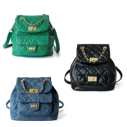 Pequeña Mini Mochila de Cuero Acolchado Cordón Bolso con Solapa Cartera Correa de Cadena - Imagen 2 de 20