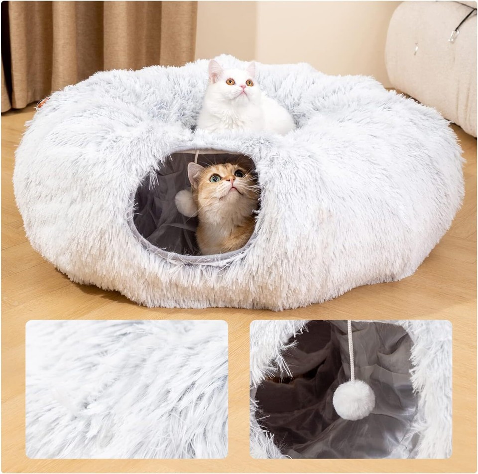 HIPIPET Plush Cat Tunnel with Bed for Indoor Cats,Multifunctional Grey