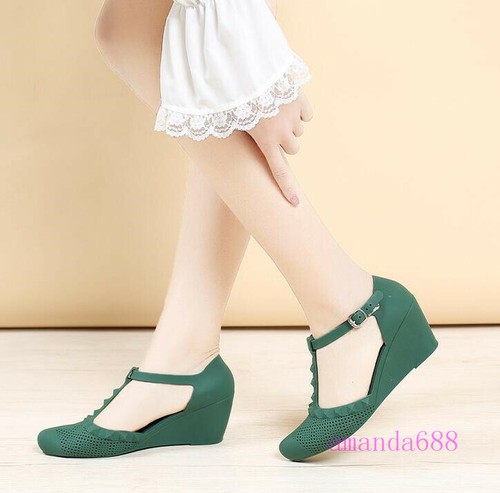 Womens Summer Plastic Wedge High Heels Jelly Shoes T-strap Waterproof Sandals Sz - Picture 17 of 18