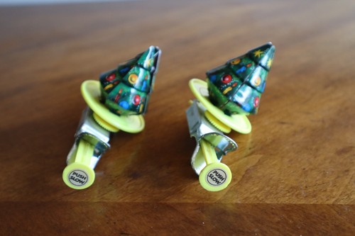 2 Vtg Japan Tin Litho Spinning Christmas Tree Santa Push Spinner Toy Works VIDEO - Picture 4 of 9