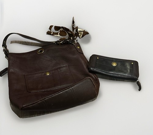 Coach Chelsea Drk Brown Pebbled Leather Turnlock Hobo Handbag Wallet Scarf Tie - Picture 2 of 8