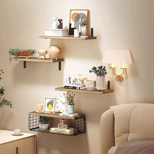 4PCS Wooden Floating Shelves Wall Mounted Display Storage Hold Book Shelf - Picture 3 of 8