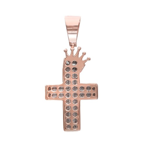 Baguette & Round Cut Diamond Crown Cross Pendant 14K Rose Gold 0.88Cttw - Picture 4 of 5