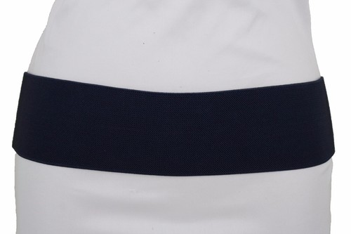 New Women Dark Navy Blue Elastic Faux Leather Fashion Wide Belt Hip Waist XS S M - Picture 9 of 12