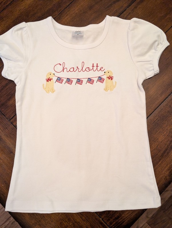 CHARLOTTE MONOGRAM SHIRT SIZE 8 PUPPY PATRIOTIC 4TH OF JULY FLAG
