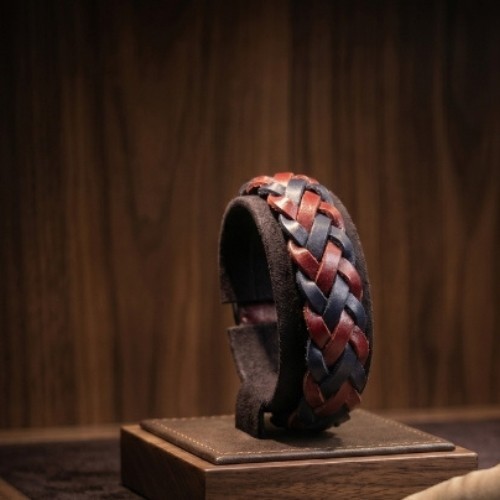 Handmade Two-Tone Braided Leather Bracelet Sport Bracelet Dark Blue & Burgundy - Afbeelding 1 van 15