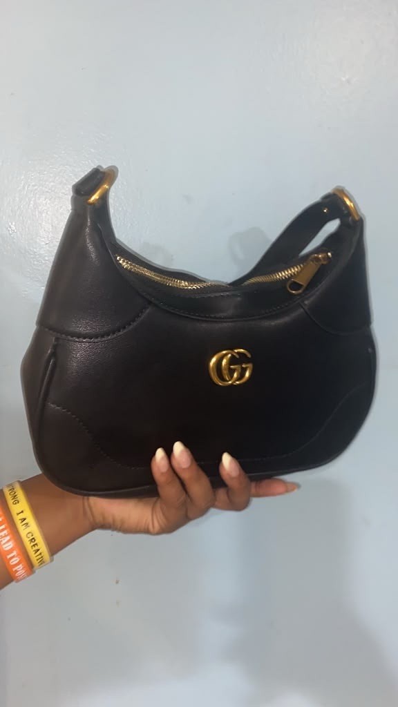 Gucci Black Small Crescent Shoulder Bag Zip Top Gold Hardware GG Logo
