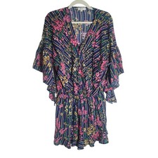 Umgee Romper Dress Women's Size XL Navy Floral Striped Rayon Beachy Resort Boho