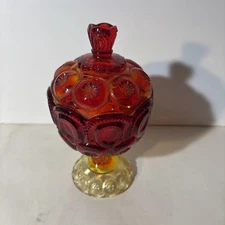 VTG LE Smith 8" Moon and Stars Amberina Red Glass  Pedestal Lidded Candy Dish