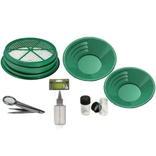 7pc Gold Panning Kit 1/4 Mesh Classifier, 14" & 10" Green Gold Pans, 2 vials,