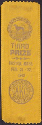 Eastern Dog Club Boston AKC Dog Show Third Prize ribbon 1943