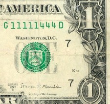 (( BINARY - 5 IN A ROW )) $1 2017 (( 11111444 )) FANCY SERIAL # CURRENCY