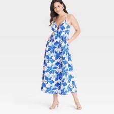 A New Day Blue White Floral Midi Dress Size Medium Sleeveless Slip Dress