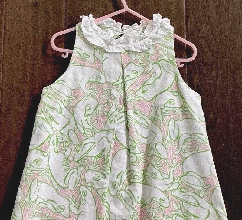 LILLY PULITZER-Originals-1959-ish-Sz.5-Girl’s Shift Dress-White Frogs-Sleeveless