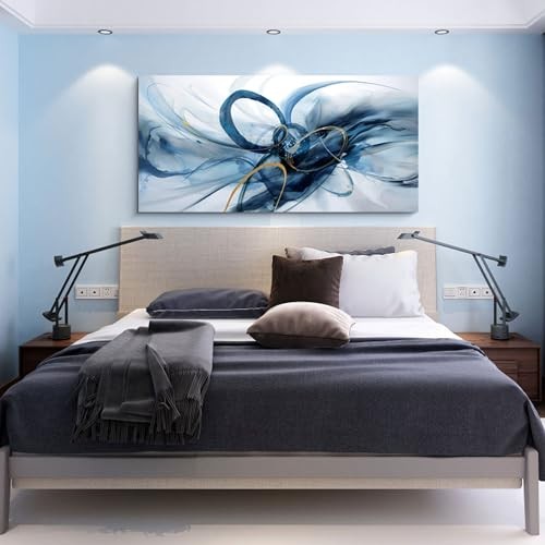 Abstract Wall Decor Living Room - Modern Canvas 24x48 Blue and white and gold - Picture 4 of 7